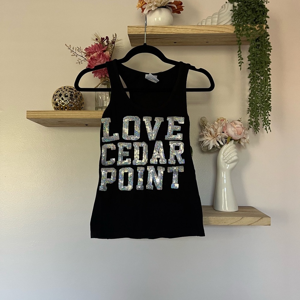 Black tank top with silver sparkly "Love Cedar Point" embroidery/graphic